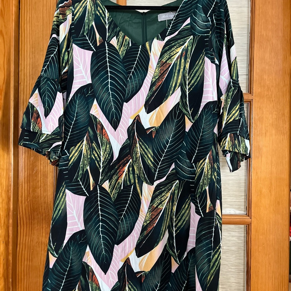 Leaf Print Dress with Green and Pink